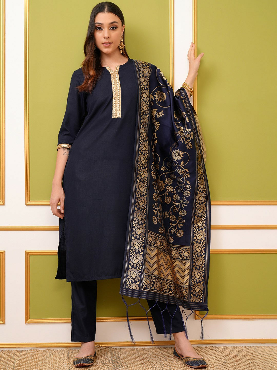 Navy Blue Solid Kurta Set with Trousers & Dupatta | Elegant Women’s Kurta Set - Indiaista