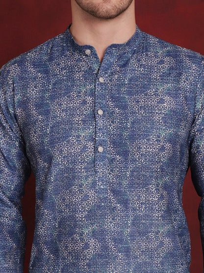 Floral Printed Sequinned Cotton Kurta with Blue Pyjamas for Men - Regular Fit