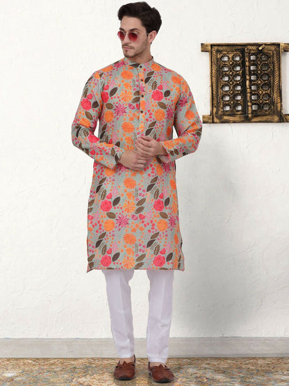 Buy Floral Printed Pure Cotton Kurta Set for Men – Grey, Orange & Green | Indiaista