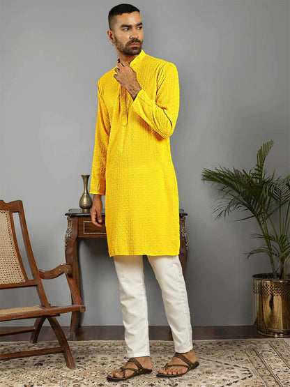 Men Floral Embroidered Yellow Kurta Set with Pyjamas – Pure Cotton, Mandarin Collar | Indiaista