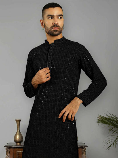 Men's Black Embroidered Sequinned Pure Cotton Kurta with Pyjamas | Indiaista