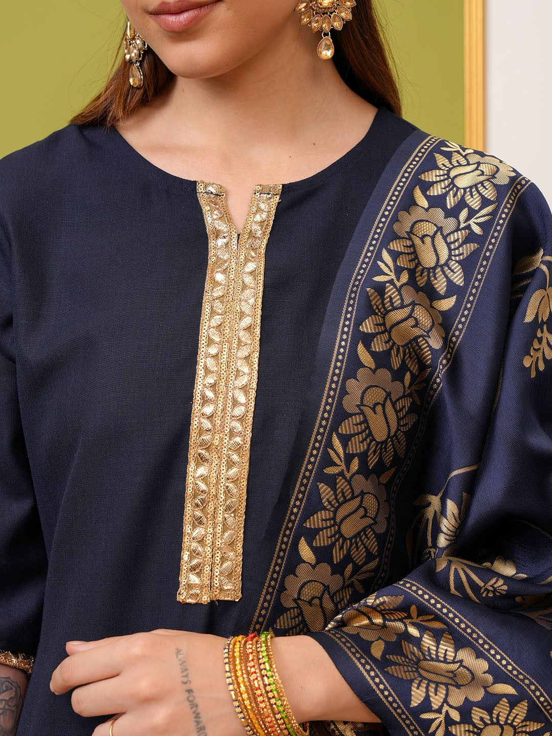 Navy Blue Solid Kurta Set with Trousers & Dupatta | Elegant Women’s Kurta Set - Indiaista