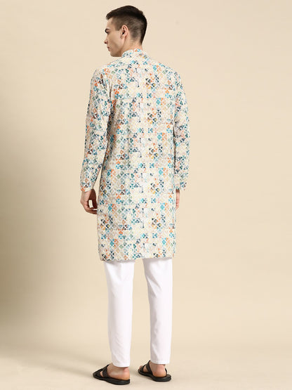 Buy Off-White Embroidered Pure Cotton Kurta Set for Men – Indiaista