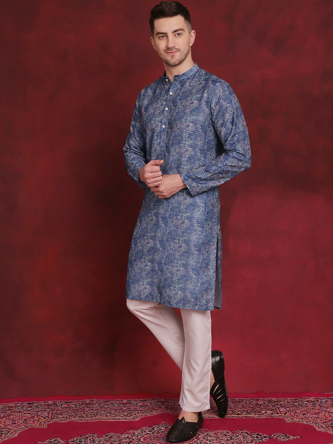 Floral Printed Sequinned Cotton Kurta with Blue Pyjamas for Men - Regular Fit