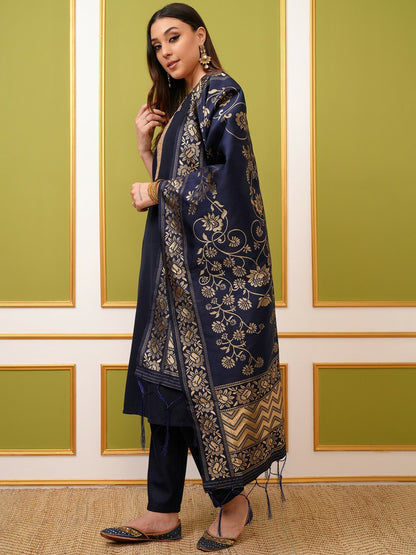 Navy Blue Solid Kurta Set with Trousers & Dupatta | Elegant Women’s Kurta Set - Indiaista