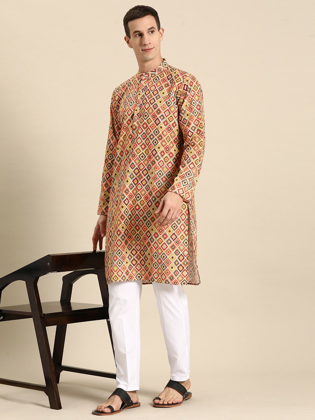 Buy Men’s Embroidered Pure Cotton Kurta Set with Pyjamas - Beige | Indiaista