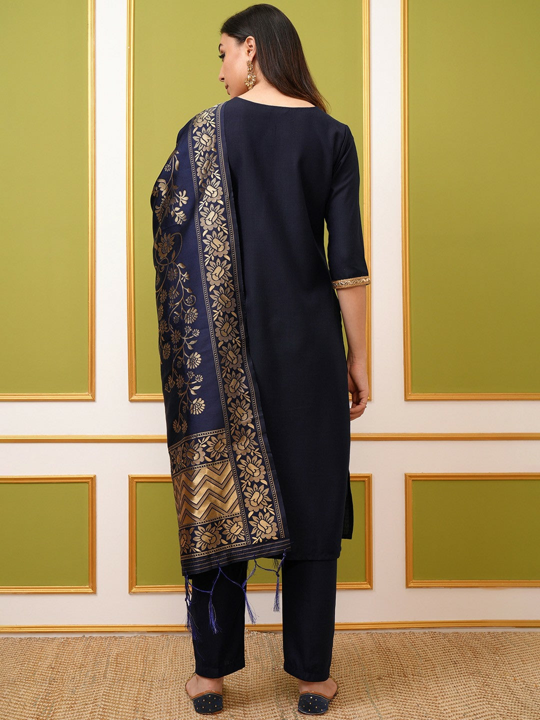 Navy Blue Solid Kurta Set with Trousers & Dupatta | Elegant Women’s Kurta Set - Indiaista