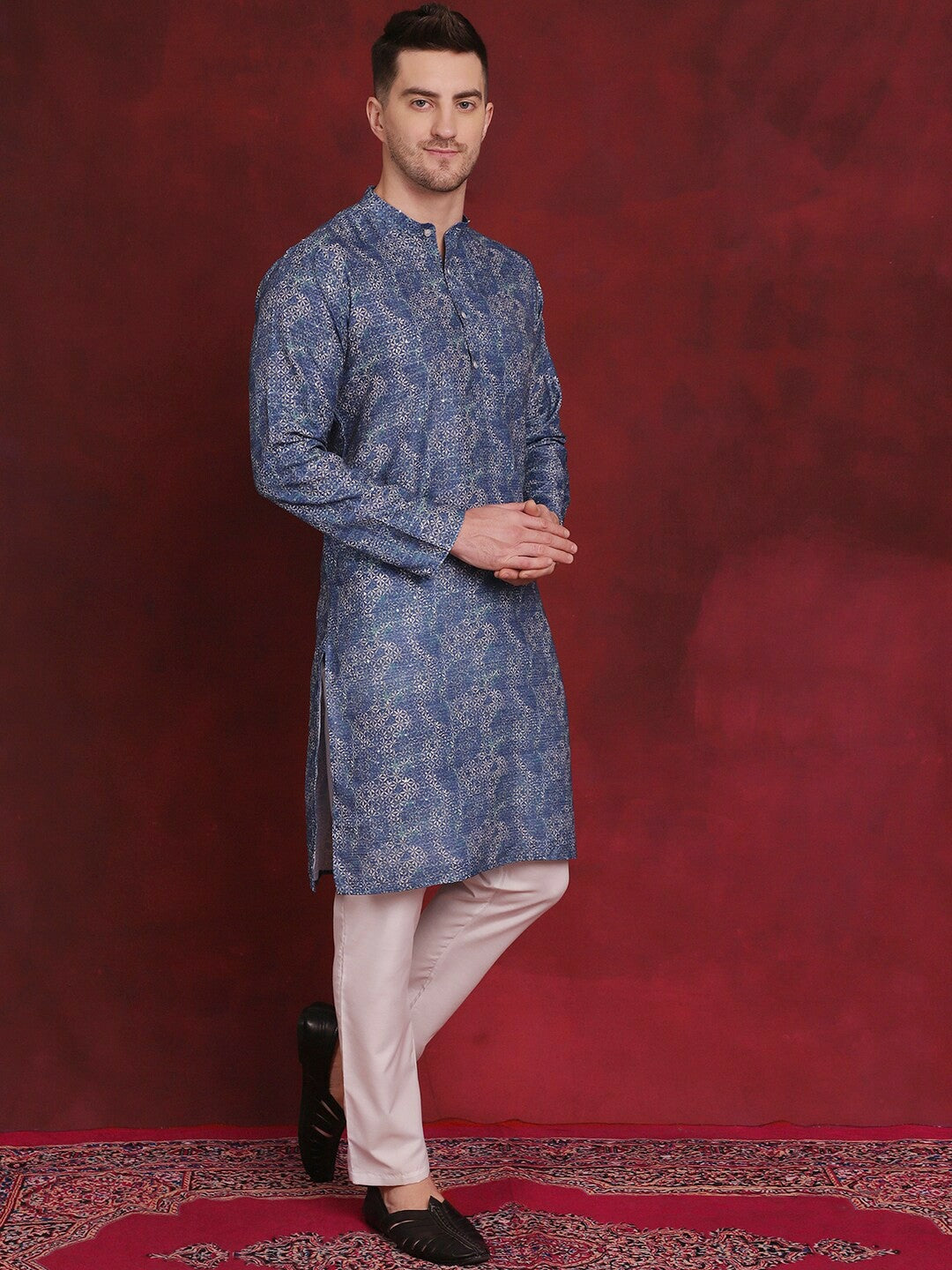 Floral Printed Sequinned Cotton Kurta with Blue Pyjamas for Men - Regular Fit