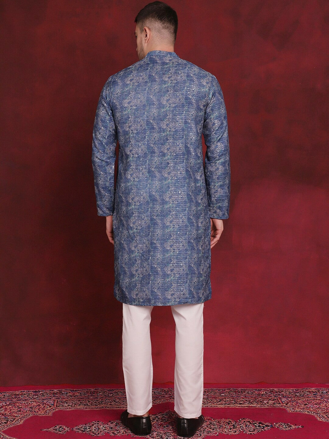 Floral Printed Sequinned Cotton Kurta with Blue Pyjamas for Men - Regular Fit