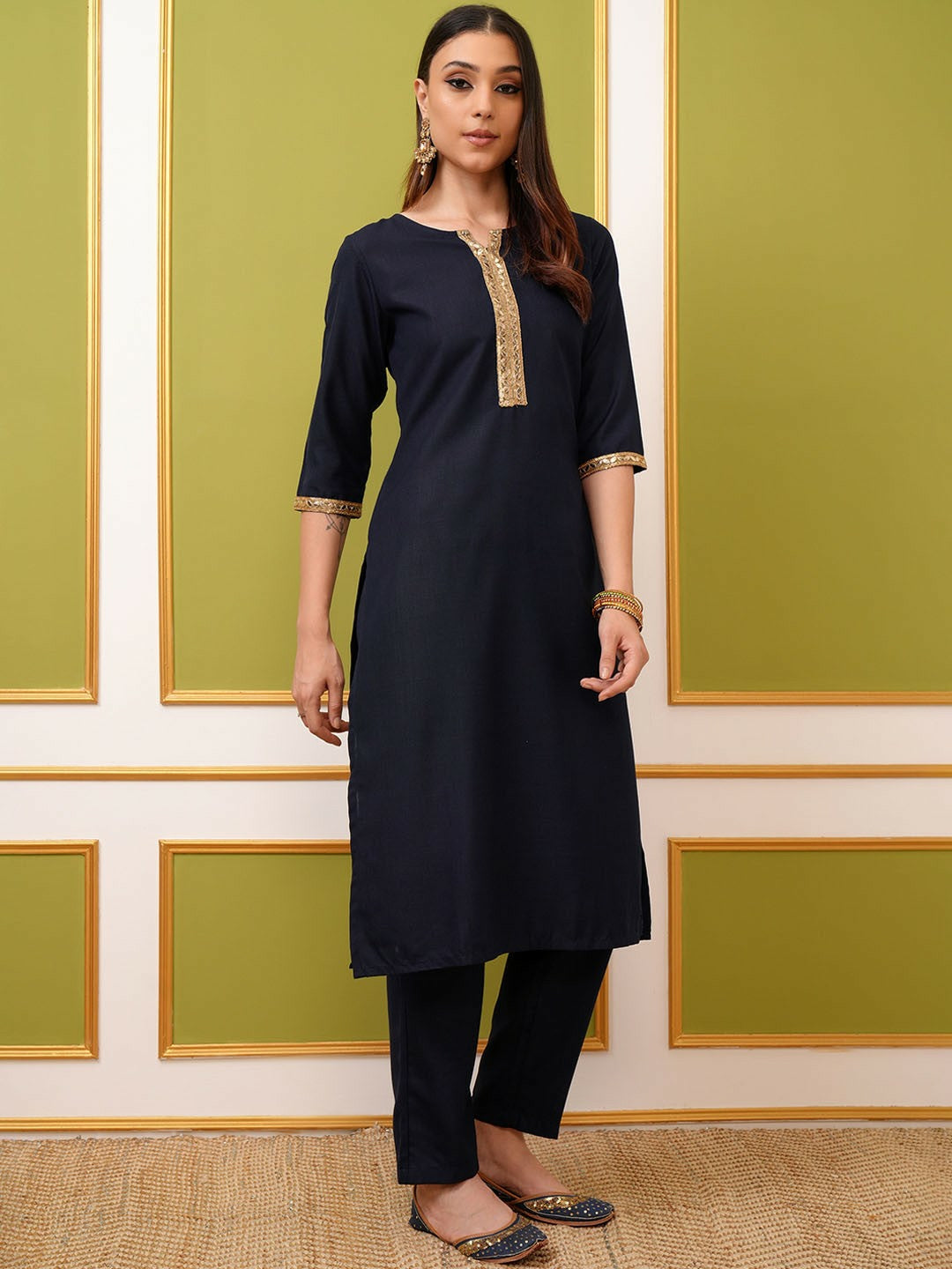 Navy Blue Solid Kurta Set with Trousers & Dupatta | Elegant Women’s Kurta Set - Indiaista