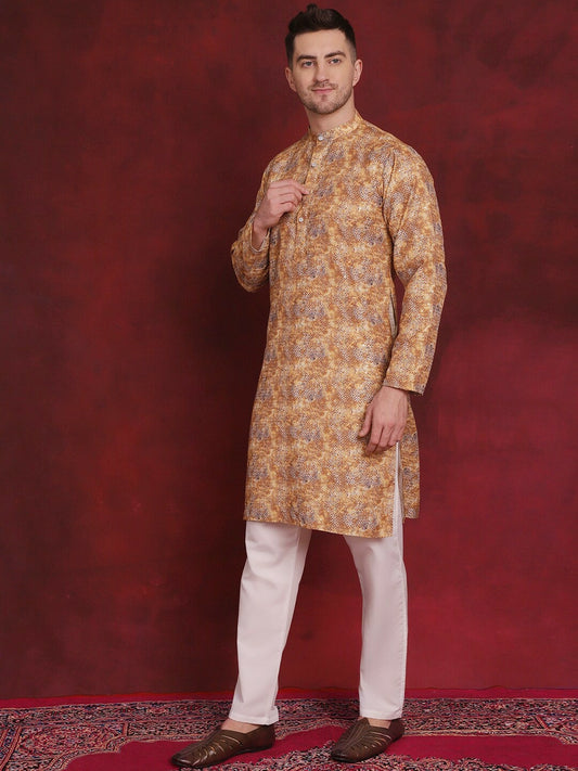 Floral Printed Mustard Yellow Cotton Kurta Set for Men with Pyjamas – Stylish & Comfortable | Indiaista