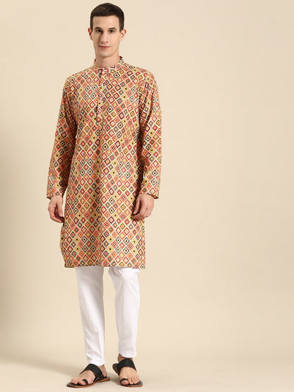 Buy Men’s Embroidered Pure Cotton Kurta Set with Pyjamas - Beige | Indiaista