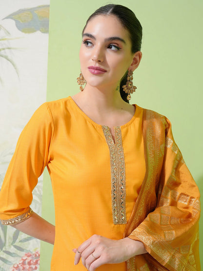 Yellow & Gold Toned Solid Kurta Set with Trousers & Dupatta for Women - Indiaista