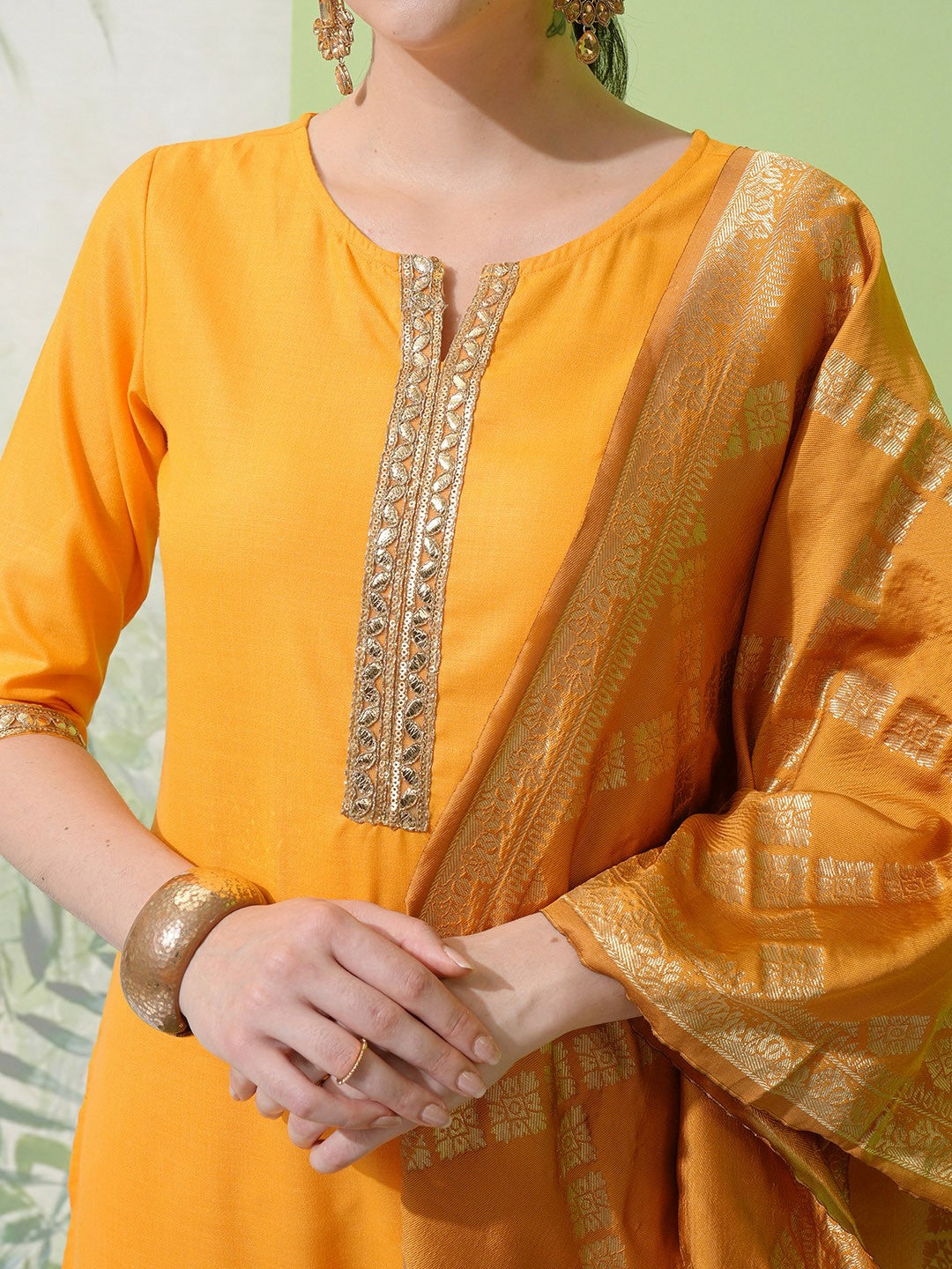 Yellow & Gold Toned Solid Kurta Set with Trousers & Dupatta for Women - Indiaista