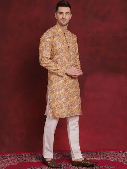 Floral Printed Mustard Yellow Cotton Kurta Set for Men with Pyjamas – Stylish & Comfortable | Indiaista