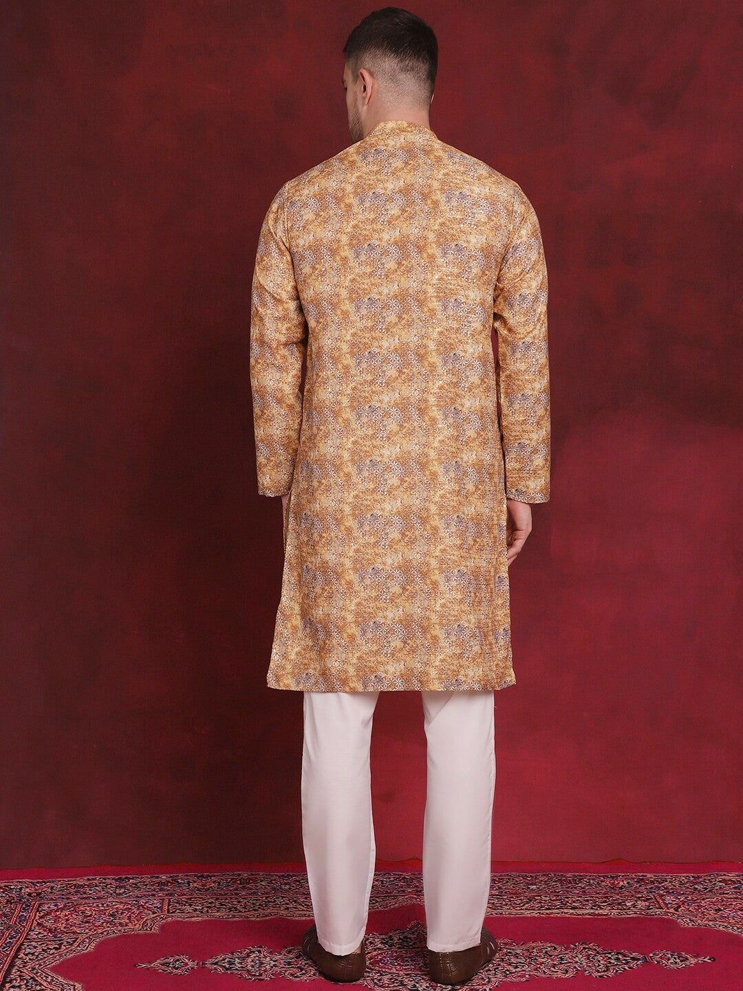 Floral Printed Mustard Yellow Cotton Kurta Set for Men with Pyjamas – Stylish & Comfortable | Indiaista