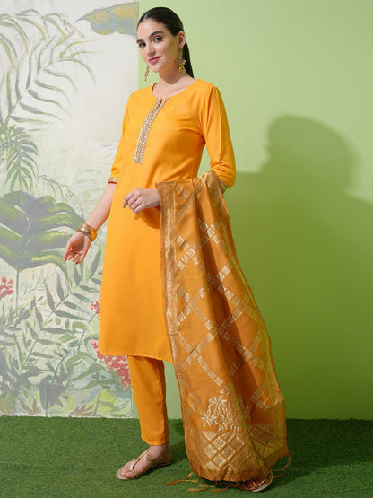 Yellow & Gold Toned Solid Kurta Set with Trousers & Dupatta for Women - Indiaista