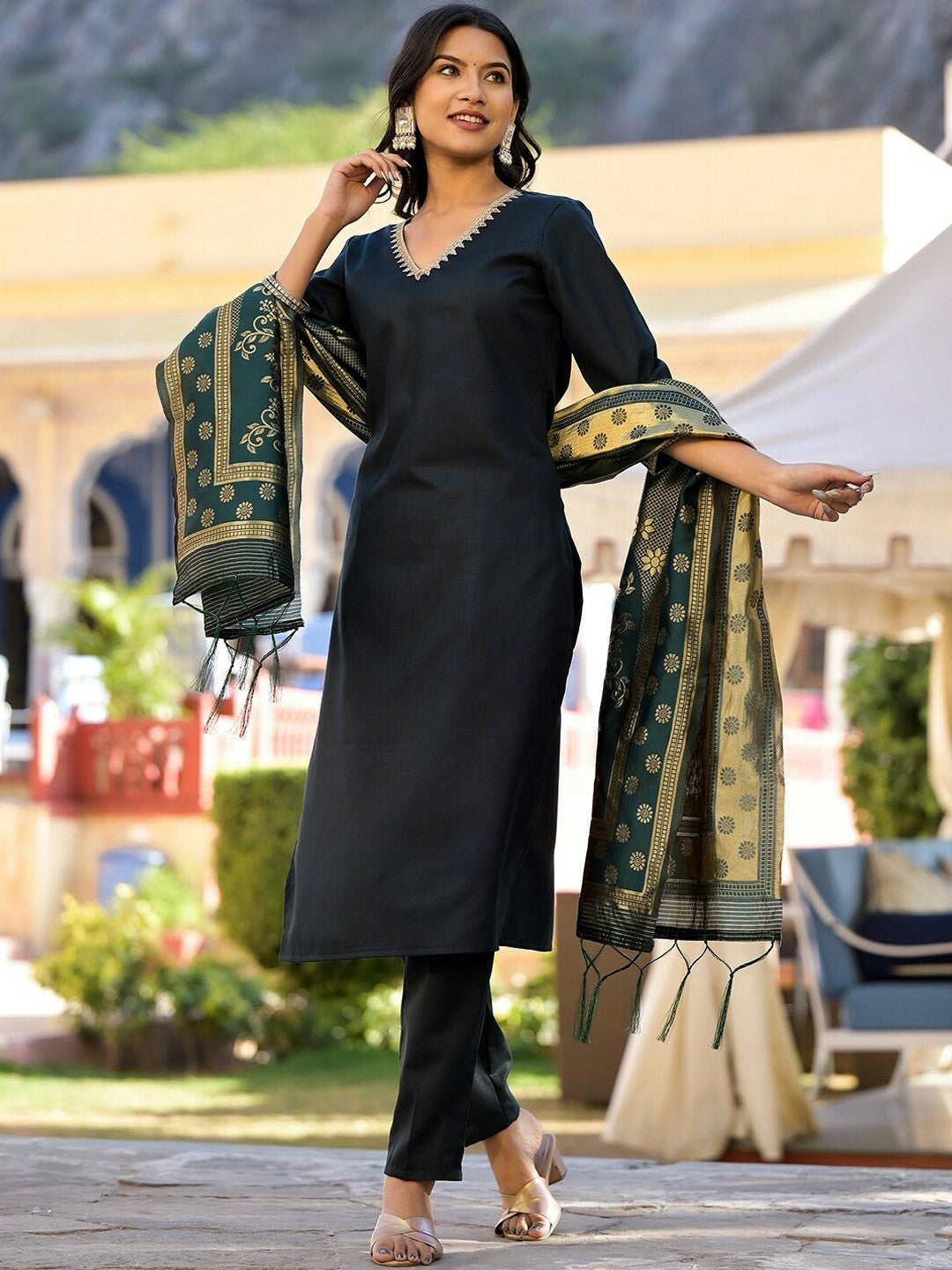 Elegant Green & Gold Toned Straight Kurta Set with Trousers & Dupatta - Women’s Ethnic Wear | IndiaIsta