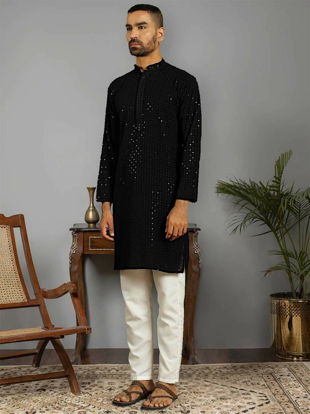 Men's Black Embroidered Sequinned Pure Cotton Kurta with Pyjamas | Indiaista