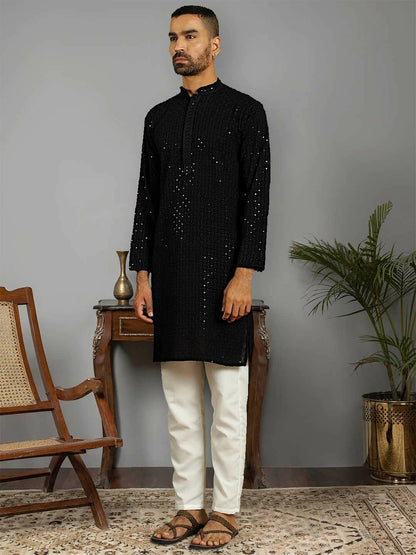 Men's Black Embroidered Sequinned Pure Cotton Kurta with Pyjamas | Indiaista