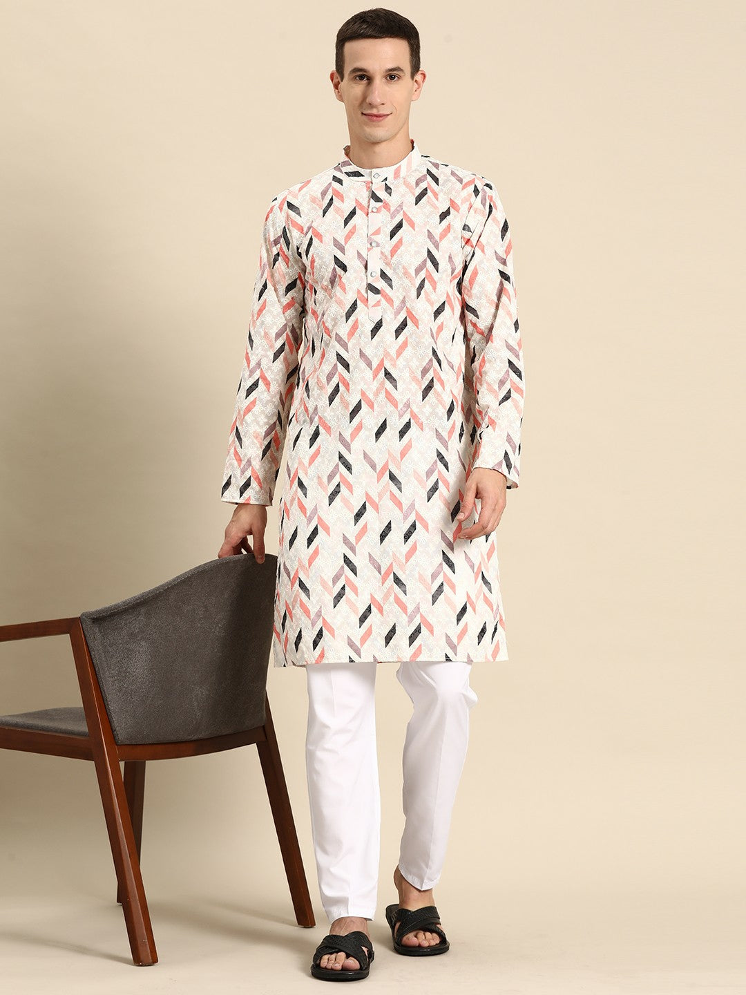 Buy Men's Embroidered Cotton Kurta Set – Off-White Kurta with Pyjamas | Indiaista