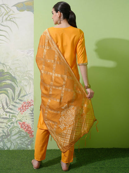 Yellow & Gold Toned Solid Kurta Set with Trousers & Dupatta for Women - Indiaista