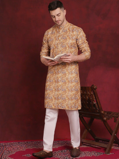 Floral Printed Mustard Yellow Cotton Kurta Set for Men with Pyjamas – Stylish & Comfortable | Indiaista