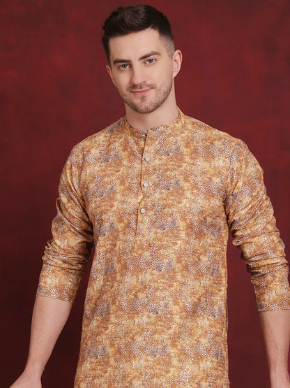 Floral Printed Mustard Yellow Cotton Kurta Set for Men with Pyjamas – Stylish & Comfortable | Indiaista