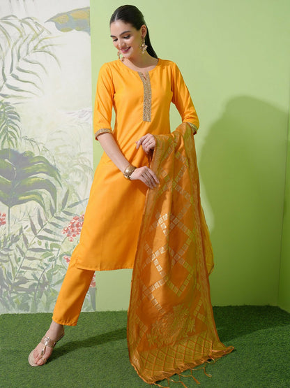 Yellow & Gold Toned Solid Kurta Set with Trousers & Dupatta for Women - Indiaista