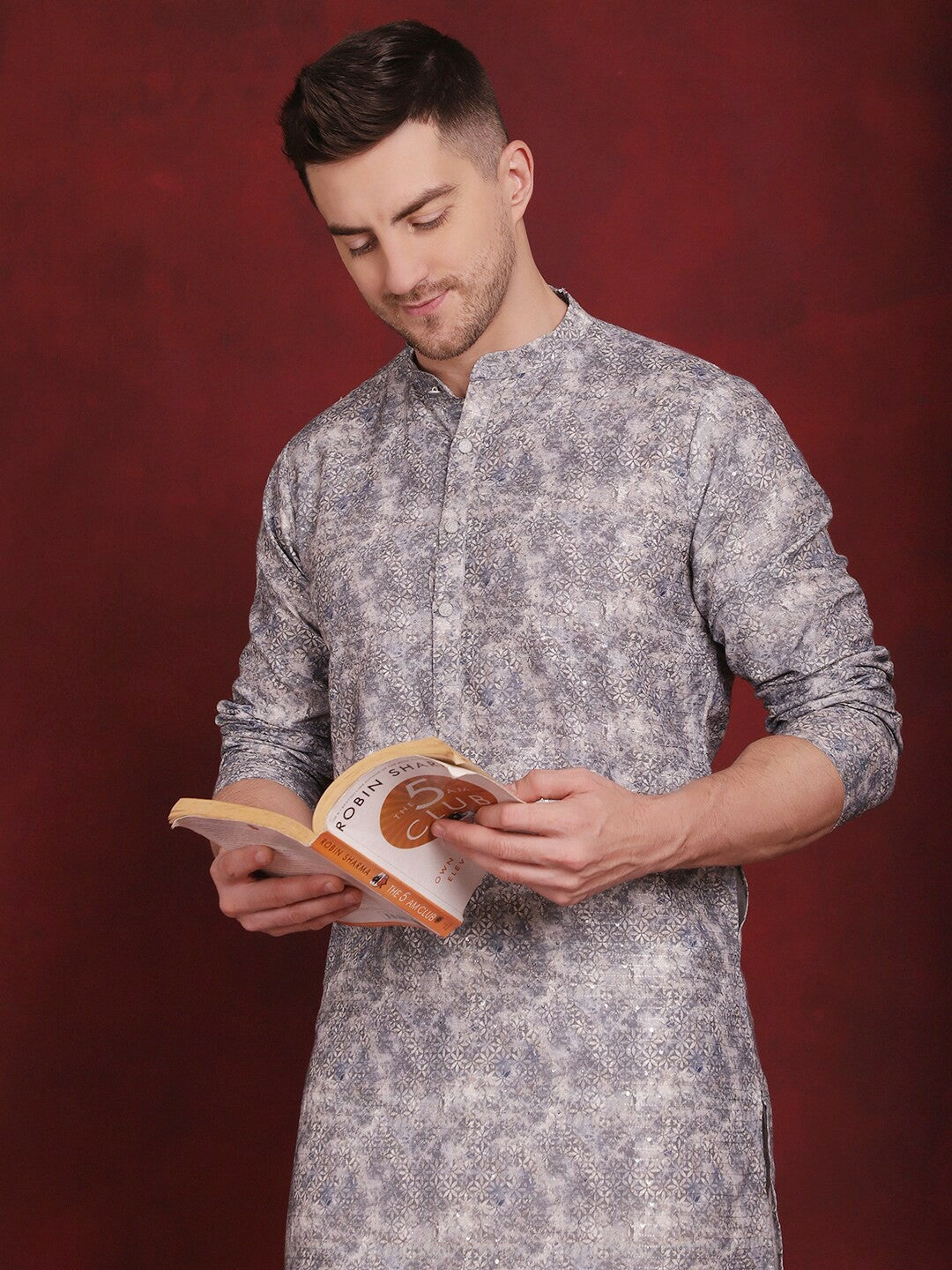 Floral & Grey Printed Cotton Kurta Set for Men | Regular Style with Pyjamas – Indiaista