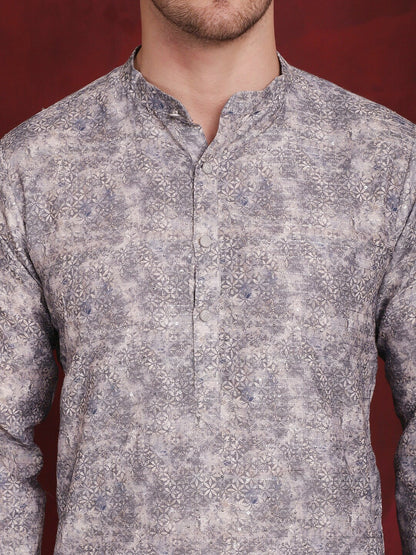 Floral & Grey Printed Cotton Kurta Set for Men | Regular Style with Pyjamas – Indiaista