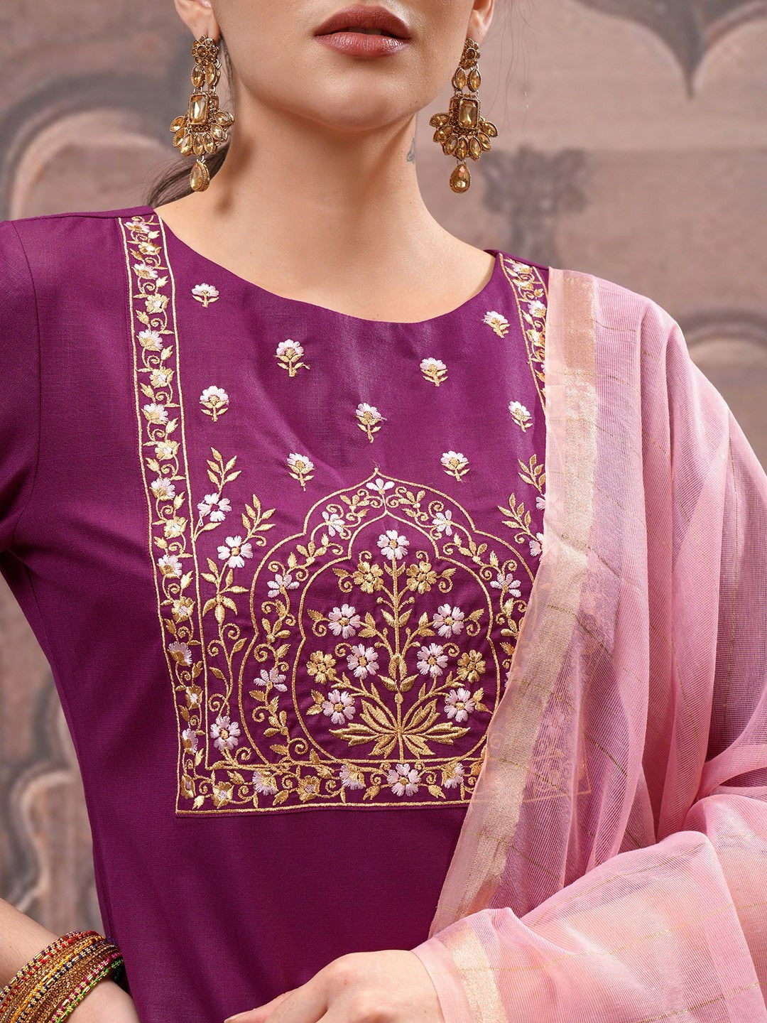 Women Magenta Ethnic Motifs Embroidered Straight Kurta Set with Trouser & Dupatta | Indiaista