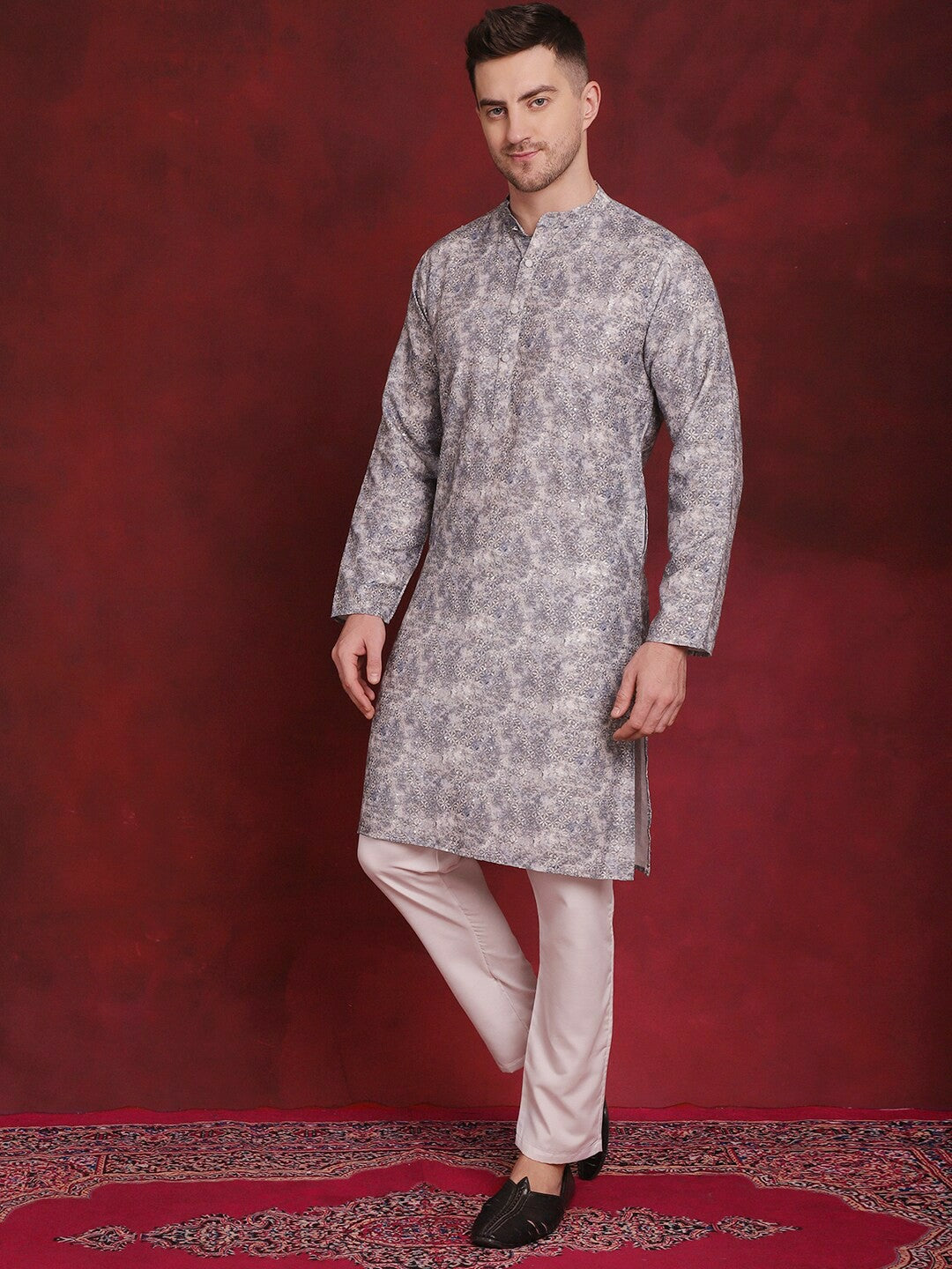 Floral & Grey Printed Cotton Kurta Set for Men | Regular Style with Pyjamas – Indiaista