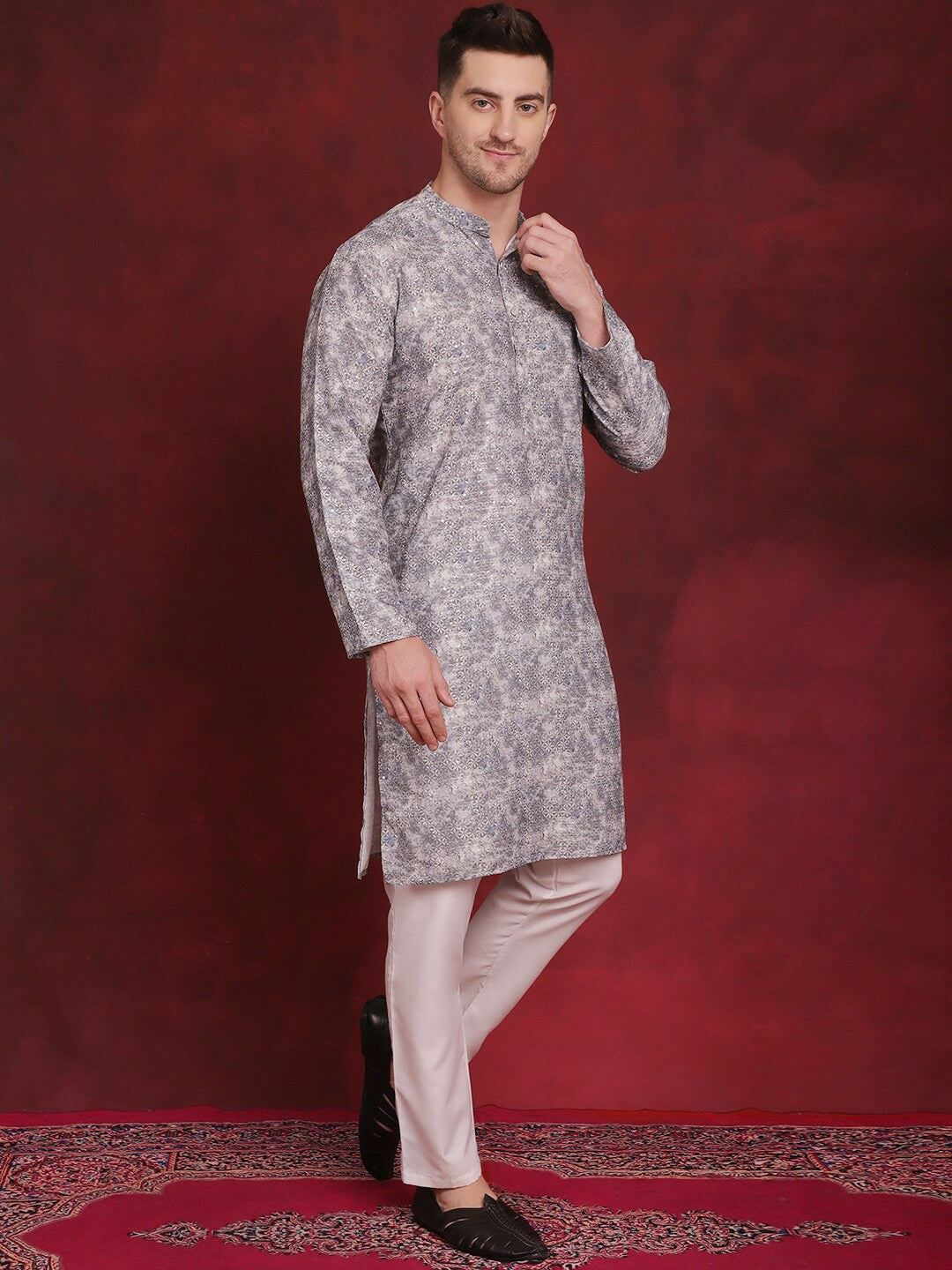 Floral & Grey Printed Cotton Kurta Set for Men | Regular Style with Pyjamas – Indiaista