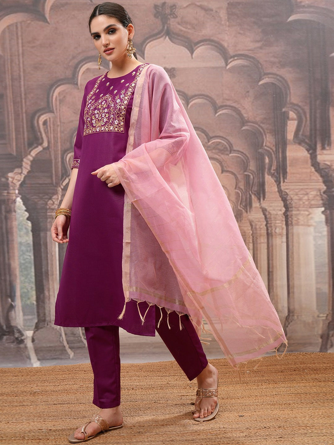 Women Magenta Ethnic Motifs Embroidered Straight Kurta Set with Trouser & Dupatta | Indiaista