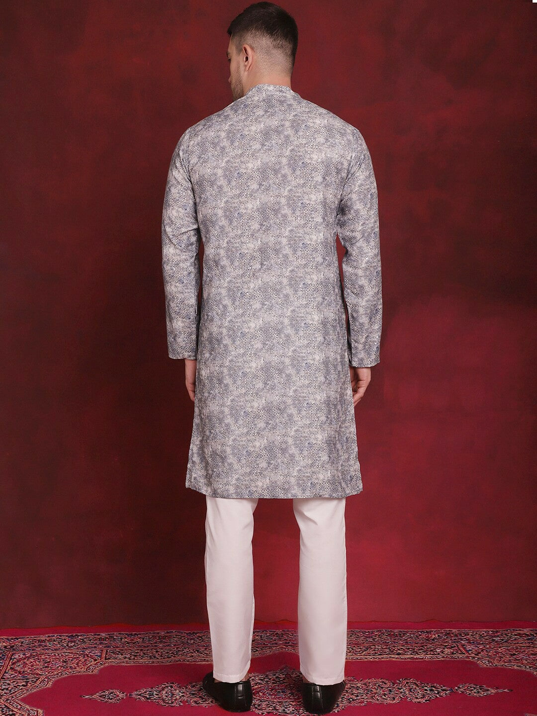 Floral & Grey Printed Cotton Kurta Set for Men | Regular Style with Pyjamas – Indiaista