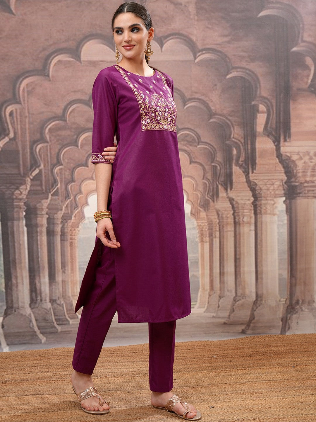 Women Magenta Ethnic Motifs Embroidered Straight Kurta Set with Trouser & Dupatta | Indiaista