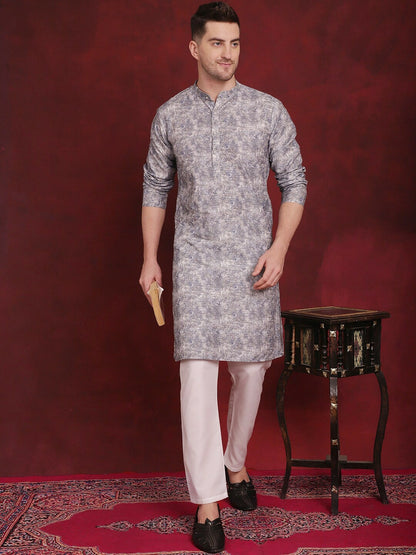 Floral & Grey Printed Cotton Kurta Set for Men | Regular Style with Pyjamas – Indiaista