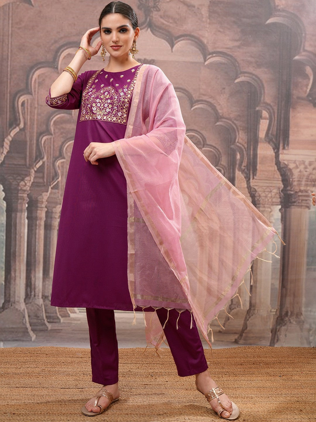 Women Magenta Ethnic Motifs Embroidered Straight Kurta Set with Trouser & Dupatta | Indiaista