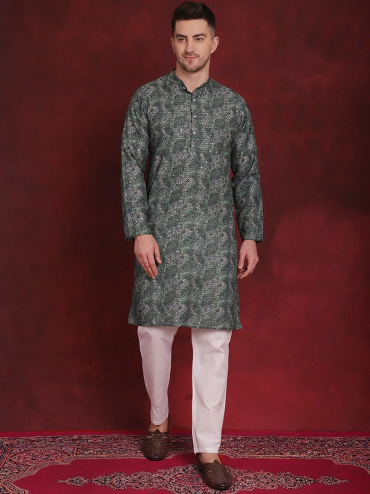 Floral Printed Green Kurta Set for Men with Solid Pyjamas - Regular Fit, Mandarin Collar, Cotton Blend