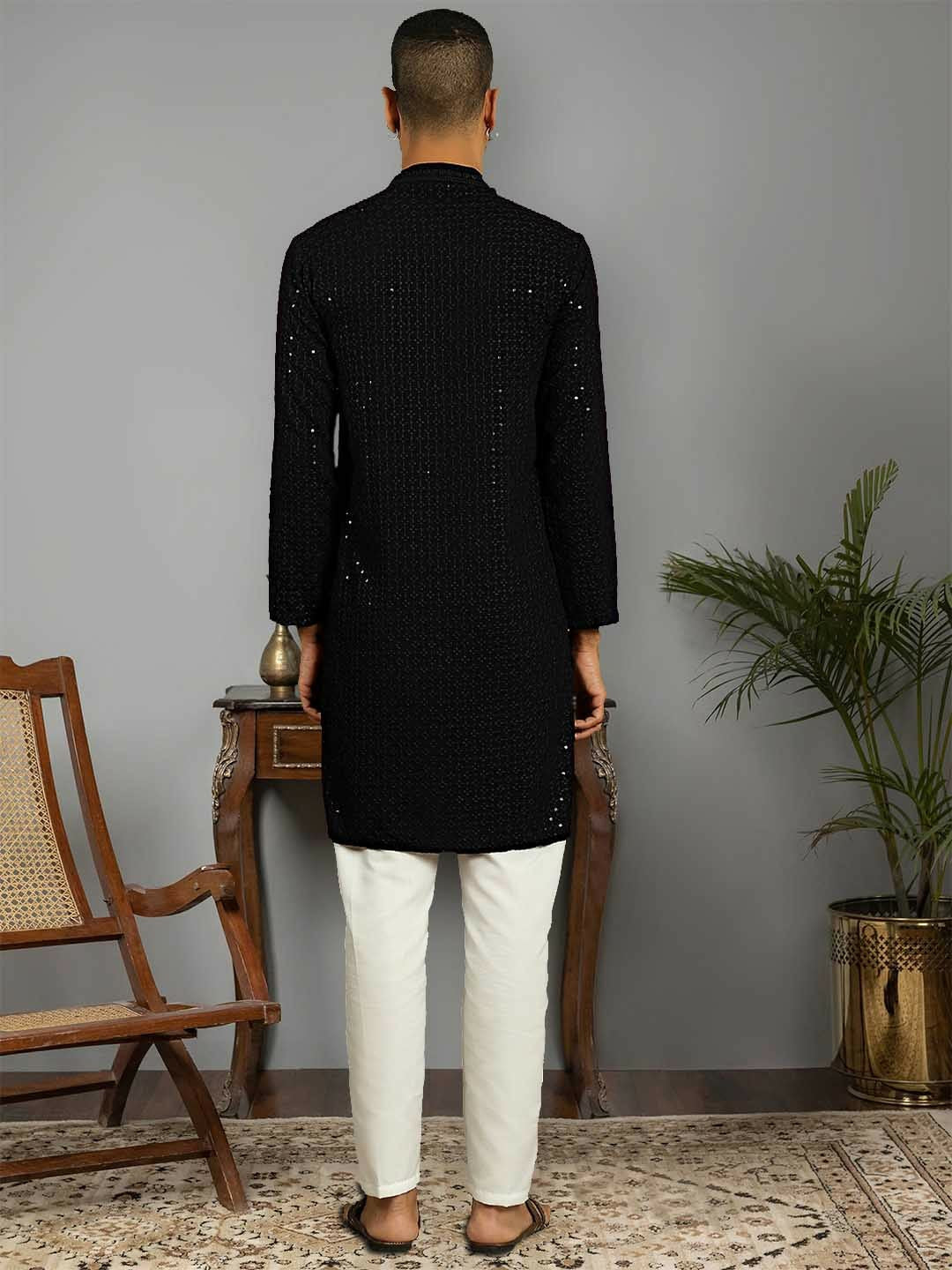 Men's Black Embroidered Sequinned Pure Cotton Kurta with Pyjamas | Indiaista