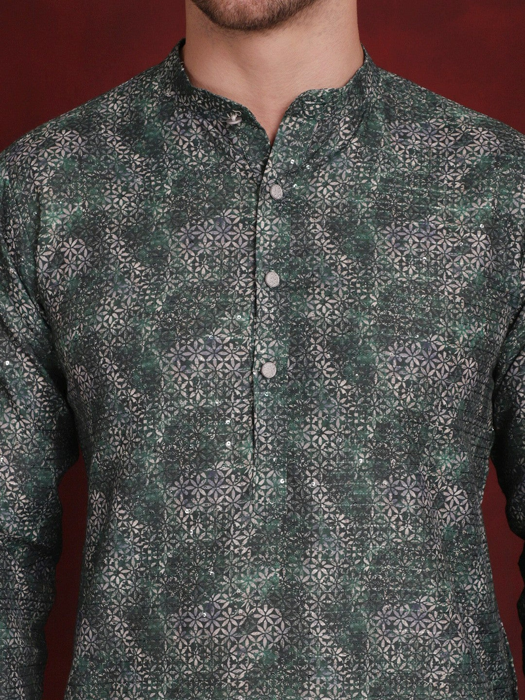 Floral Printed Green Kurta Set for Men with Solid Pyjamas - Regular Fit, Mandarin Collar, Cotton Blend