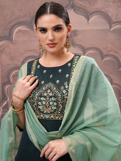 Women’s Green Embroidered Straight Kurta Set with Trouser & Dupatta - Stylish & Comfortable | Indiaista