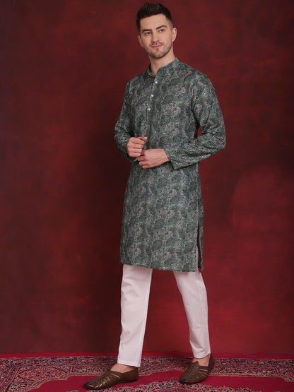 Floral Printed Green Kurta Set for Men with Solid Pyjamas - Regular Fit, Mandarin Collar, Cotton Blend