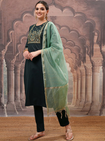 Women’s Green Embroidered Straight Kurta Set with Trouser & Dupatta - Stylish & Comfortable | Indiaista