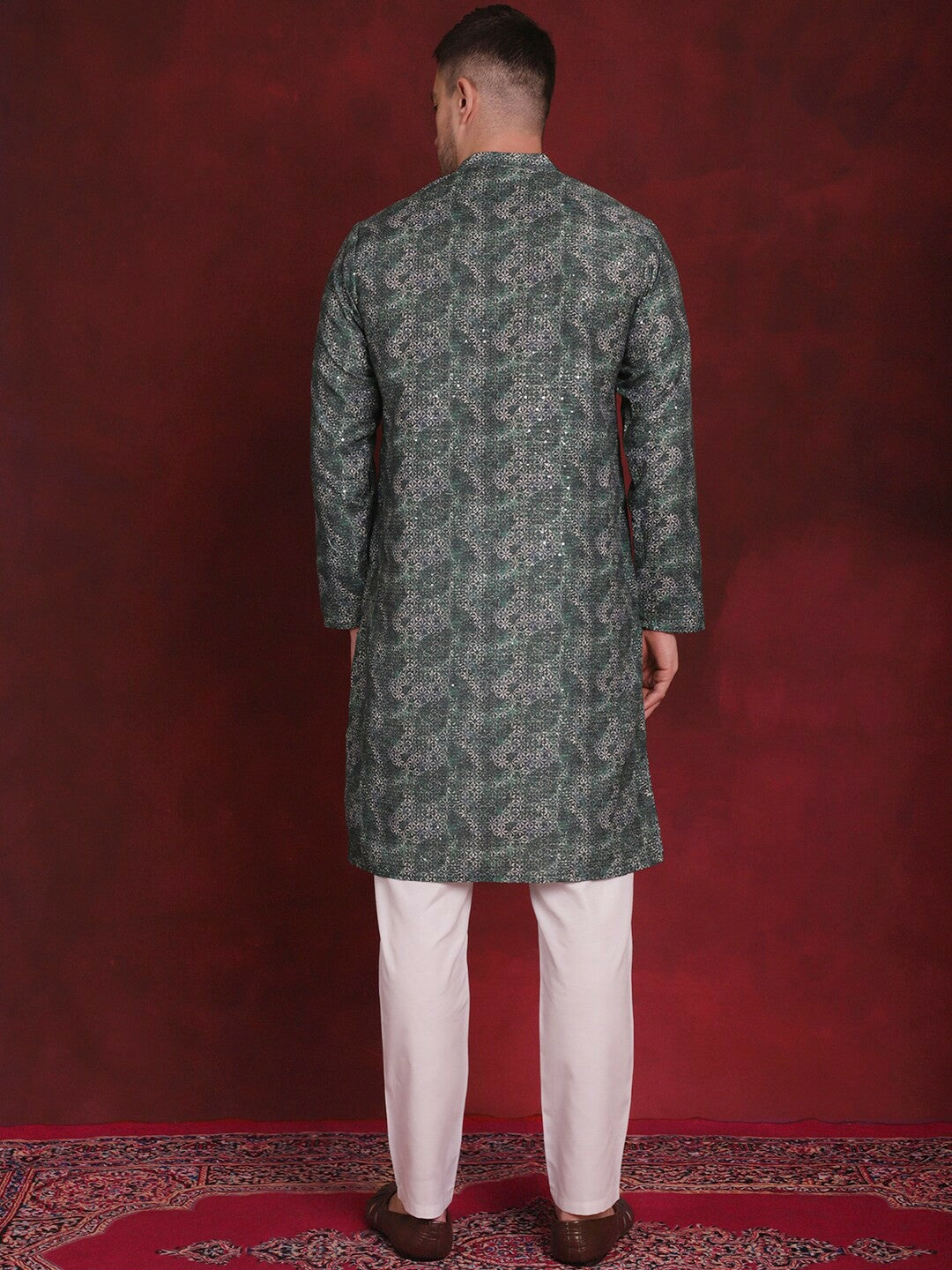 Floral Printed Green Kurta Set for Men with Solid Pyjamas - Regular Fit, Mandarin Collar, Cotton Blend