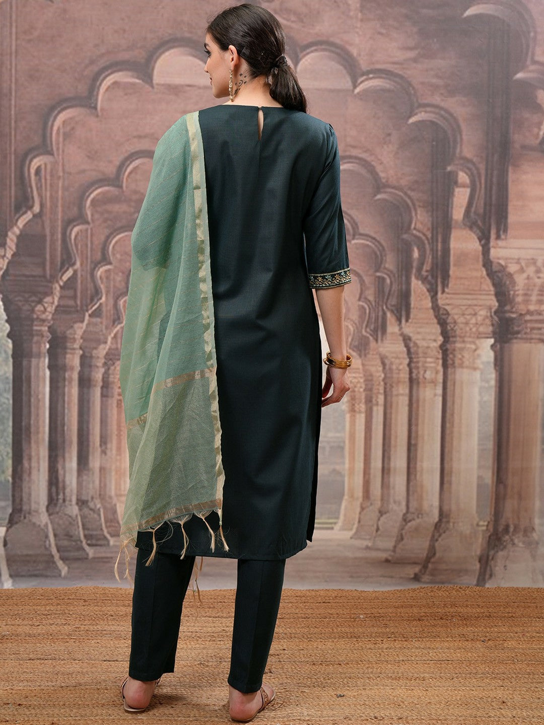 Women’s Green Embroidered Straight Kurta Set with Trouser & Dupatta - Stylish & Comfortable | Indiaista