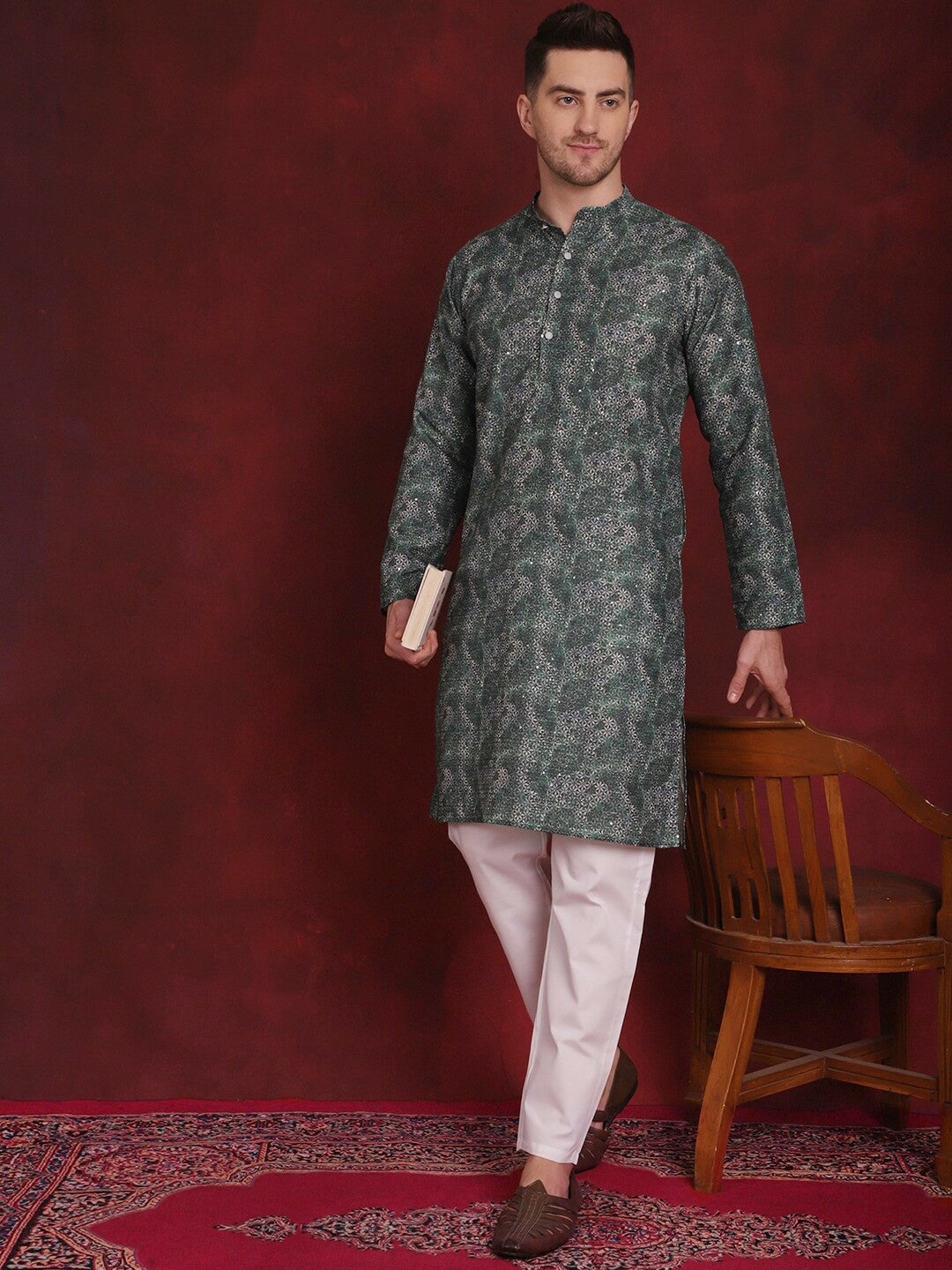 Floral Printed Green Kurta Set for Men with Solid Pyjamas - Regular Fit, Mandarin Collar, Cotton Blend