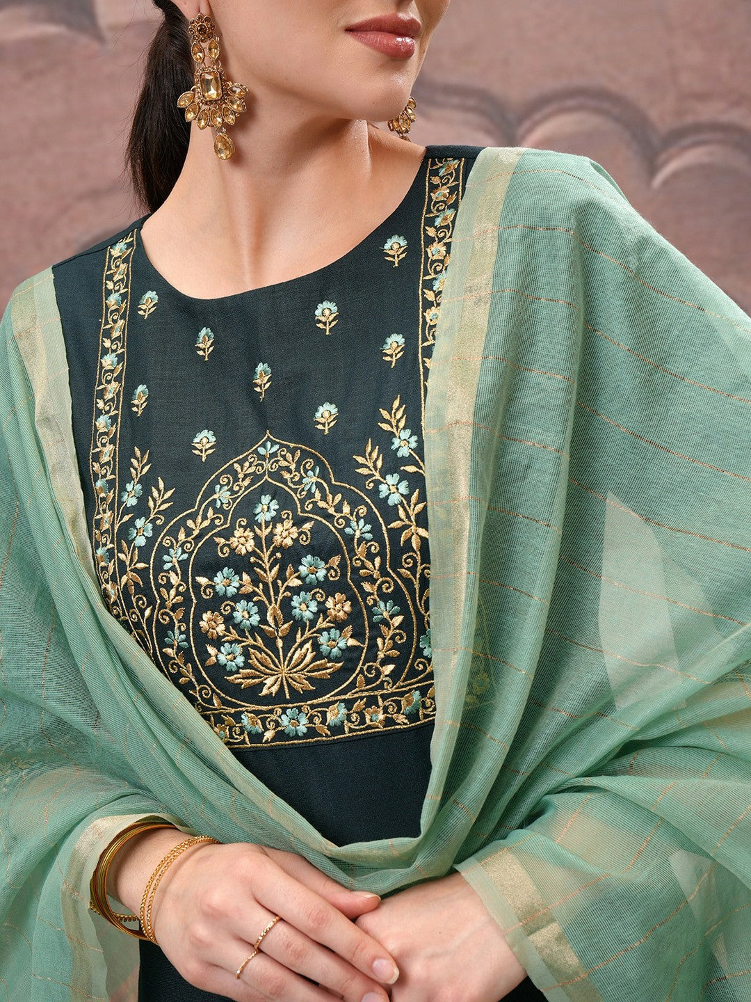 Women’s Green Embroidered Straight Kurta Set with Trouser & Dupatta - Stylish & Comfortable | Indiaista