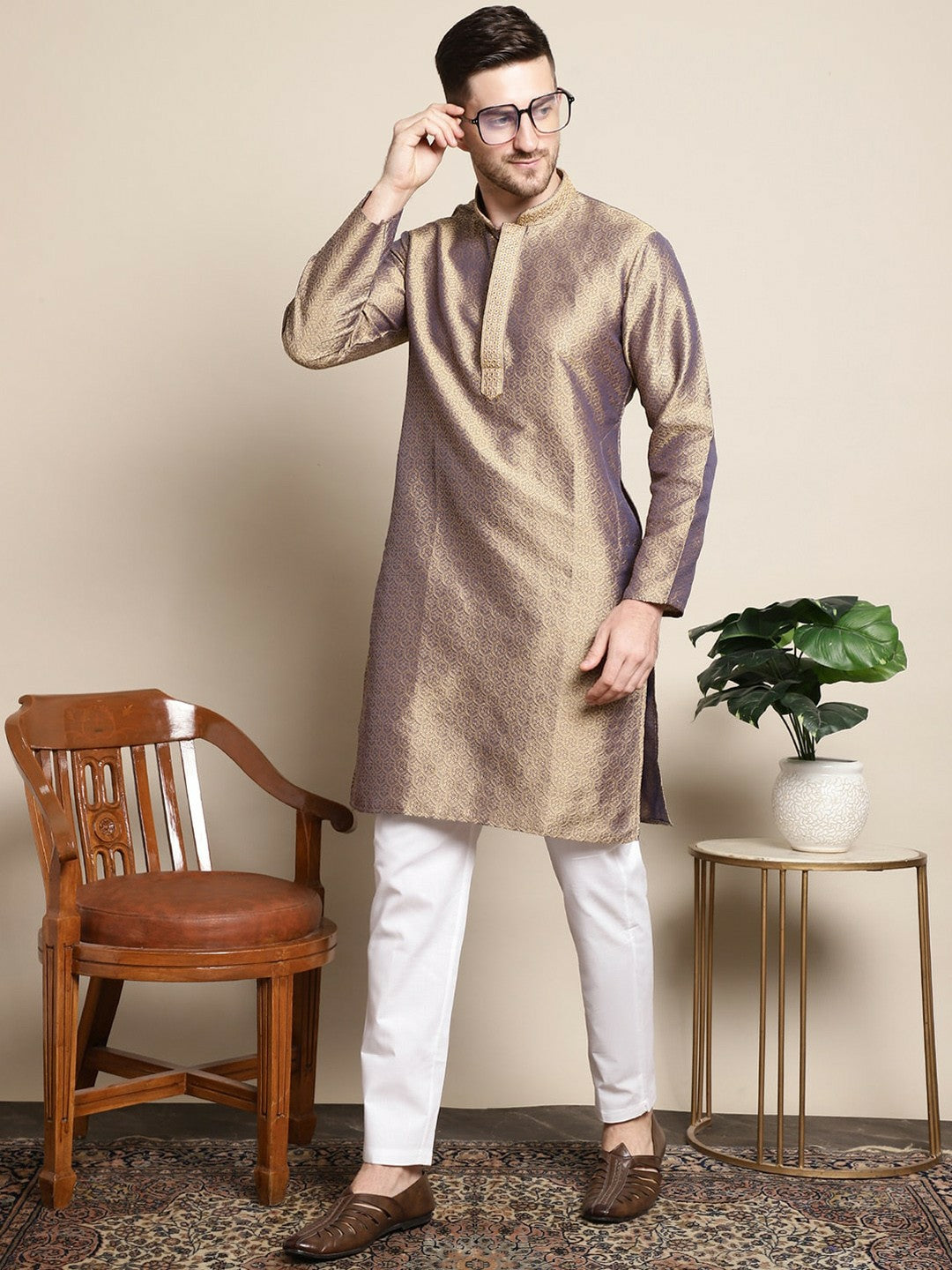 Gold-Toned & White Ethnic Motifs Woven Kurta Set for Men with Pyjamas - Indiaista